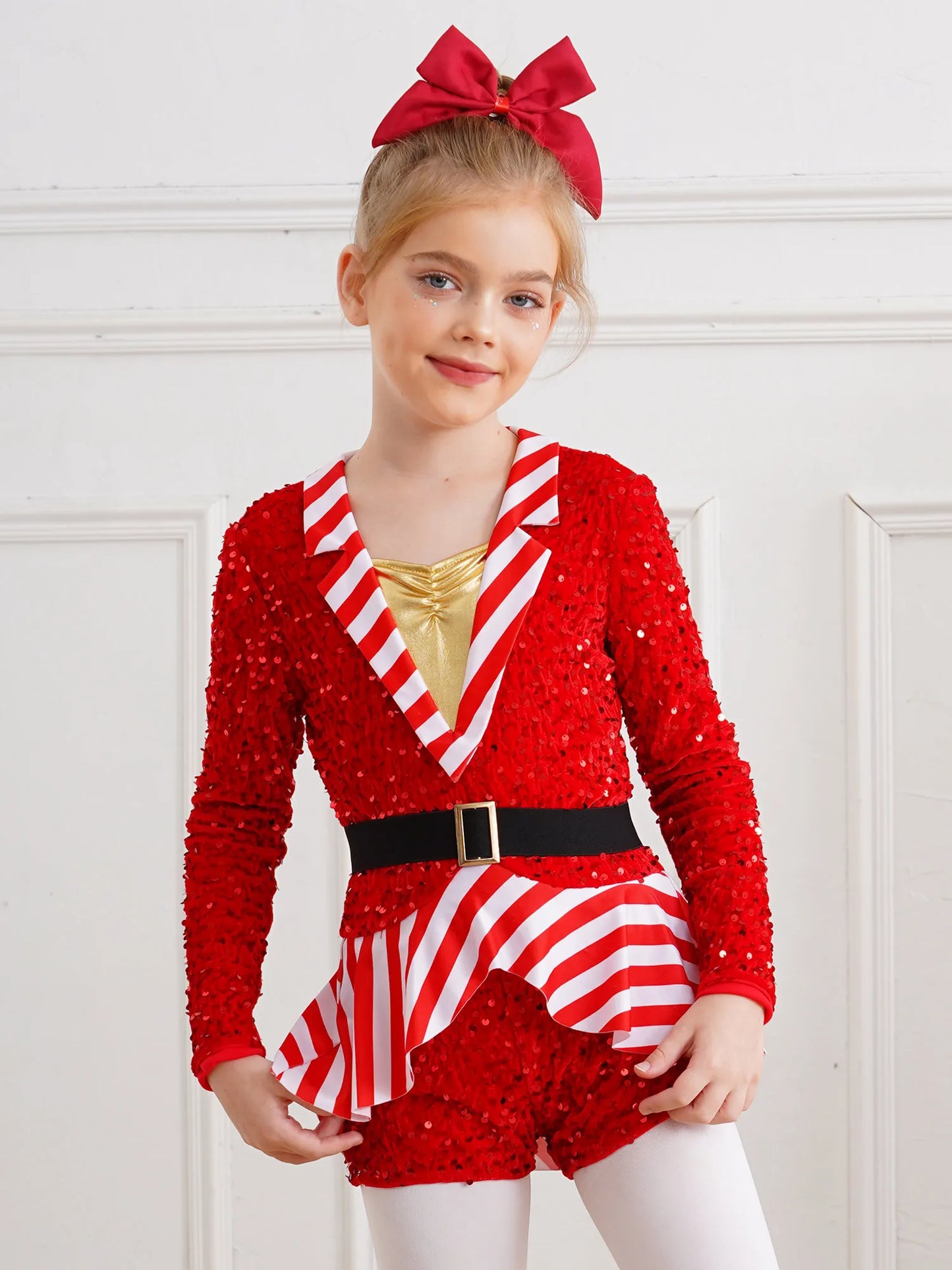 Mädchen Pailletten Samt gestreift Santa Claus Langarm Weihnachten Tanz Skating Bodysuit Overall Weihnachts ferien Zuckers tange Kostüm