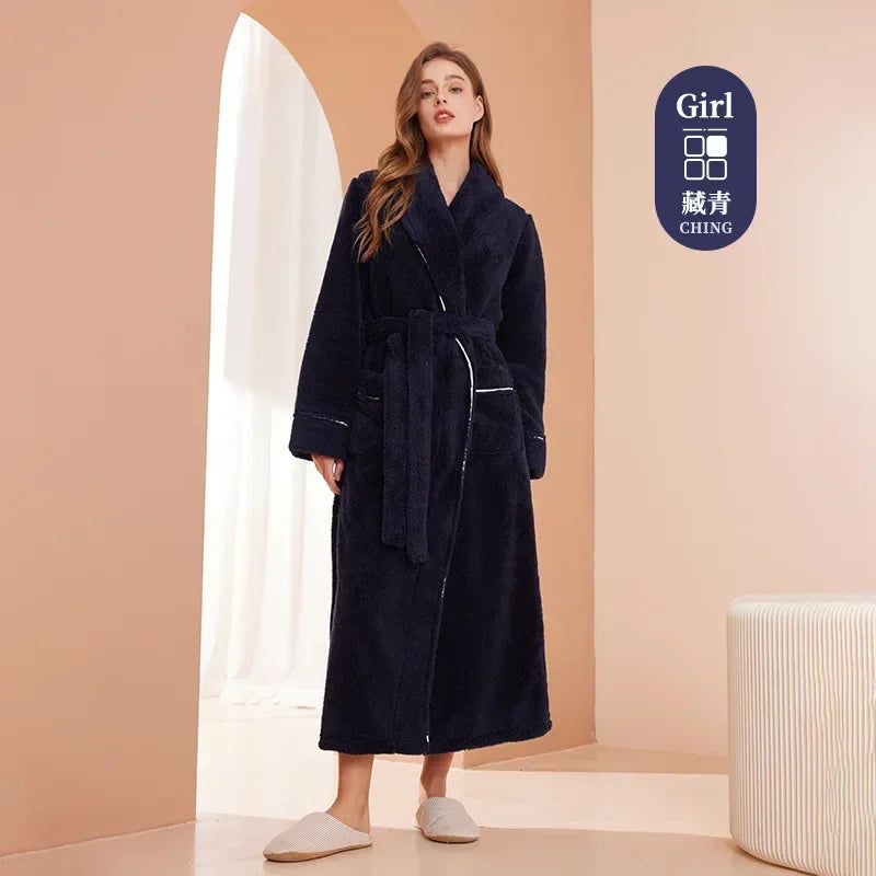 Doppelseitige Verdicken Flanell Herbst Winter Korallen Fleece Paar Lange Robe Hause Kleidung Lange Bademantel Nachtwäsche Lose Loungewear