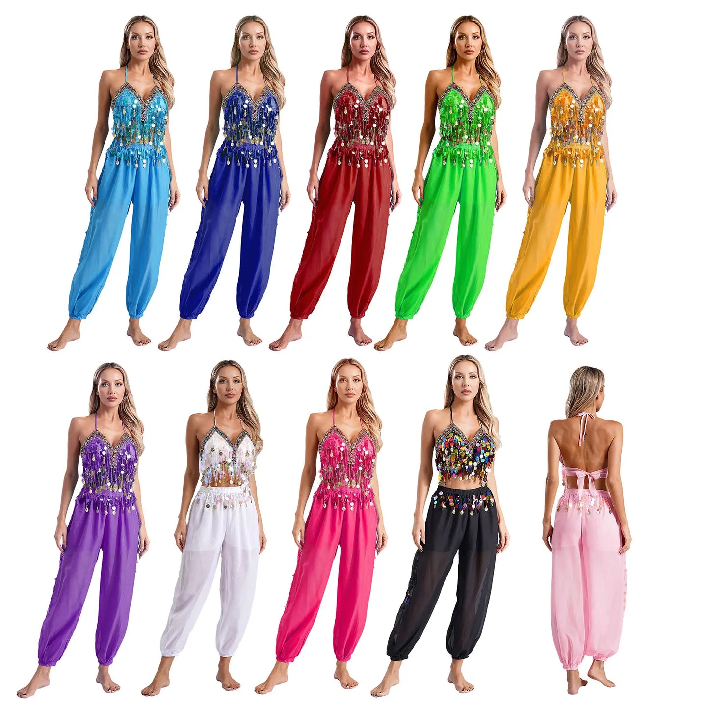 Damen Bauchtanz Outfit Pailletten Tops mit Harems hosen Halloween Kostüm Bollywood indischen Tanz Bühne Performance Kostüm