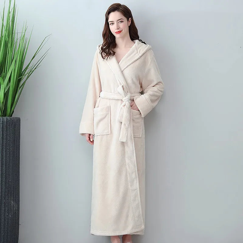 Extra lange Winter Korallen Fleece Bademantel Frauen Kapuze warme Kimono Bademantel gemütliche Kimono Dusch roben lose Peignoirs Nachthemd