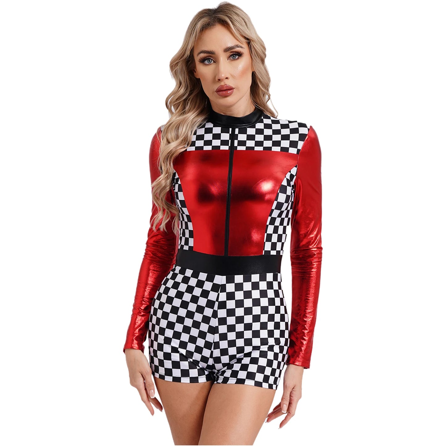 Womens Speed Car Driver Kostüm Halloween Racer Pullover Langarm Metallic Bodysuit Overall Cosplay Party Kostüm