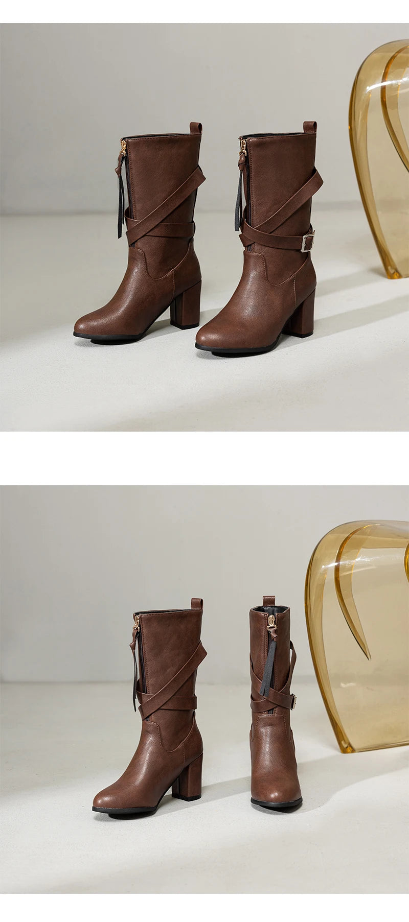 Plus Size Cross Thin Strap Metall Gürtels chnalle Front Reiß verschluss Damen Westerns tiefel runde Zehen dicke Ferse Plüsch innere Mitte der Wade Stiefel