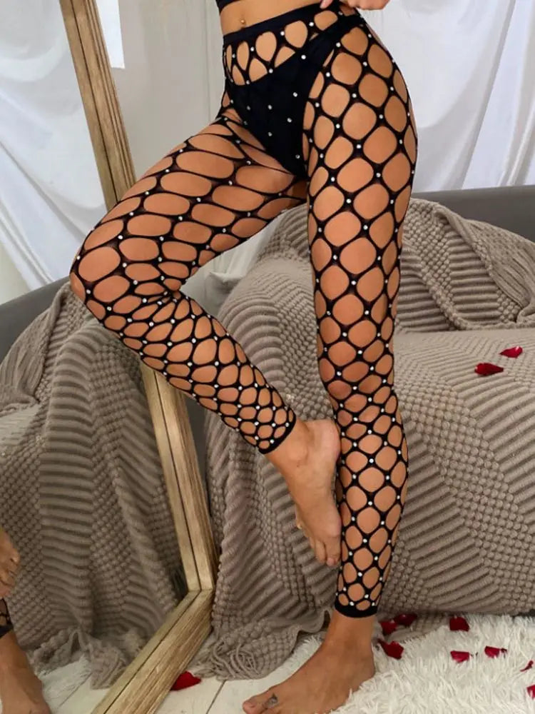 Hollow Out Big Fishnet Rhinestone Blingling Pantyhose Tights Women Nylon Stockings Hot Sexy Night Clubwear Medias Negras Legging