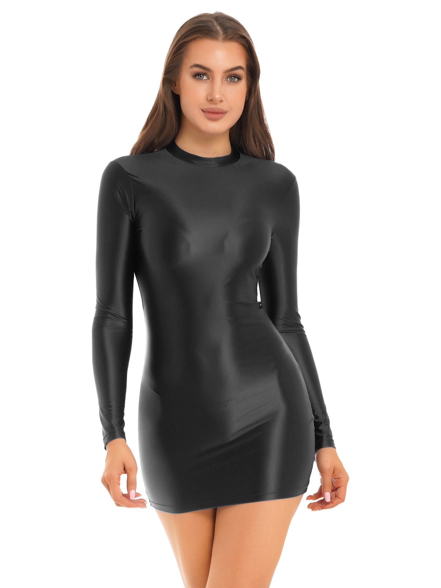 Frauen Sexy Bodycon Kleider Öl Glänzenden Glänzend Langarm Slim Fit Mini Bleistift Kleid Nachtclub Bar Rave Party Babes Clubwear