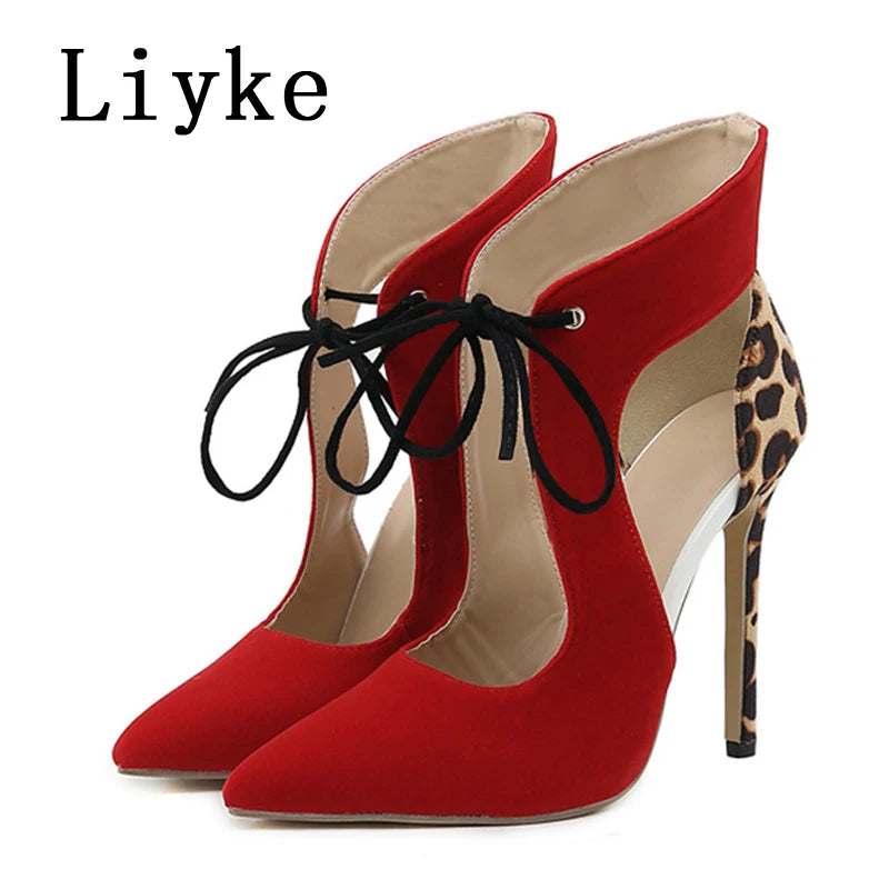New Red Pointed Toe Lace Up Sandals Leopard Print Pumps