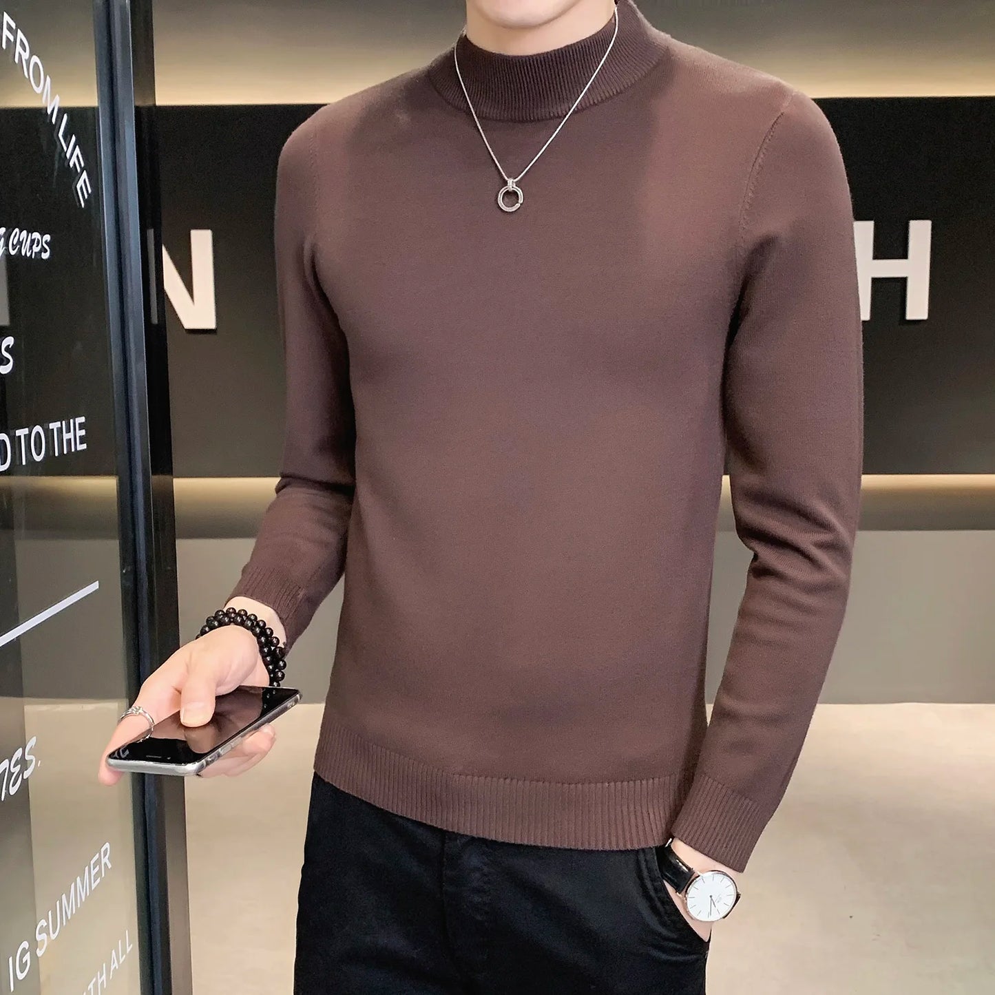 Herbst Winter lose lässig Mock Neck Sweater Männer Mode Strick pullover Männer einfarbig warm Harajuku Strick pullover Mann