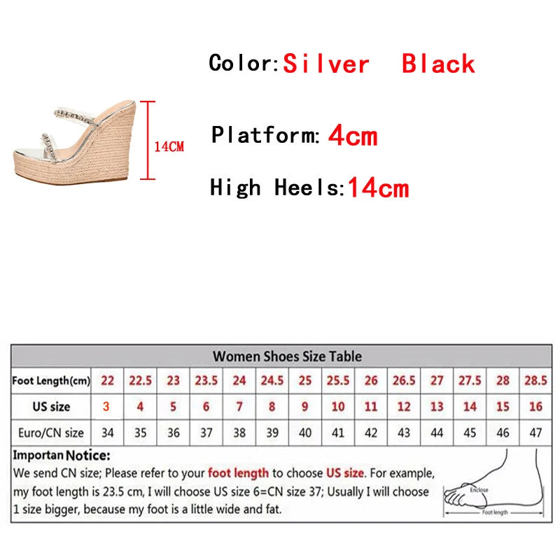 Neue Kristall Transparent Offene spitze Plattform Heels Hausschuhe Frauen Keile Sandalen Mode Stroh Seil Weben Dicken Boden Weibliche Schuhe