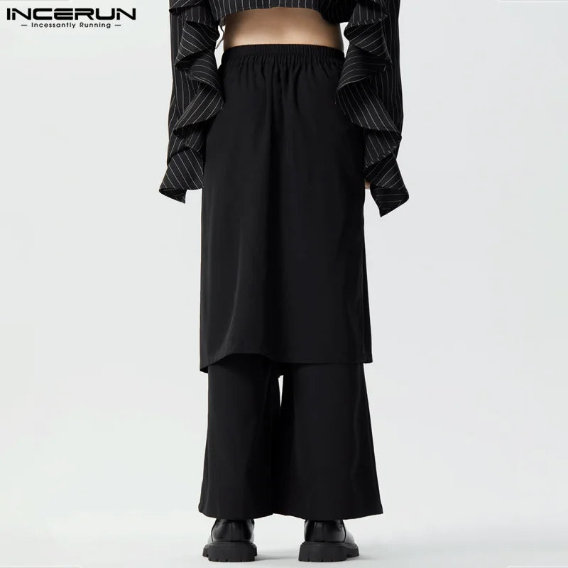 INCERUN Men's Irregular Skirts Pants Solid Color Pleated Loose Casual Trousers Men Personality Streetwear 2024 Fashion Pantalon