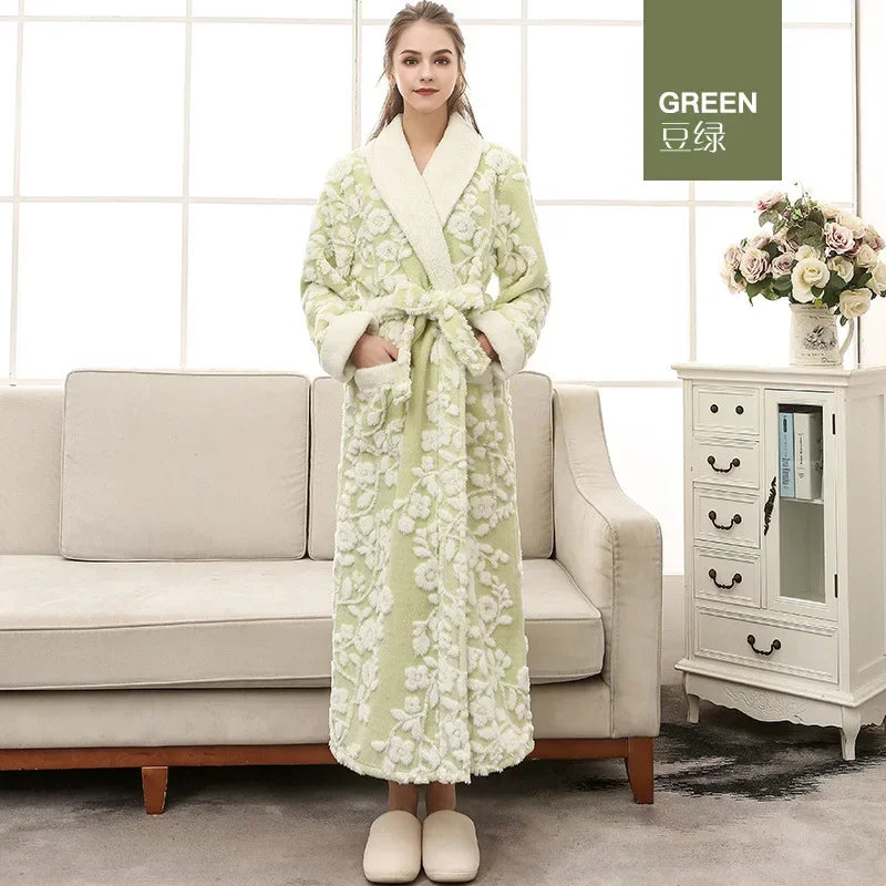 Dicke Flanell Jacquard Nachtwäsche Lose Casual Homewear Lounge Tragen Korallen Fleece Lange Robe Winter Warme Paar Bademantel Nachtwäsche