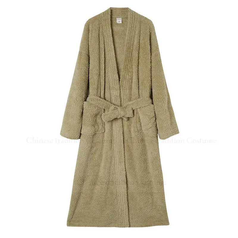 Verdickte warme Fleece-Duschroben, langer Kimono-Bademantel für Herren, lockere Nachtwäsche, Paar-Peignoir-Kleid mit Tasche, weiche Loungewear