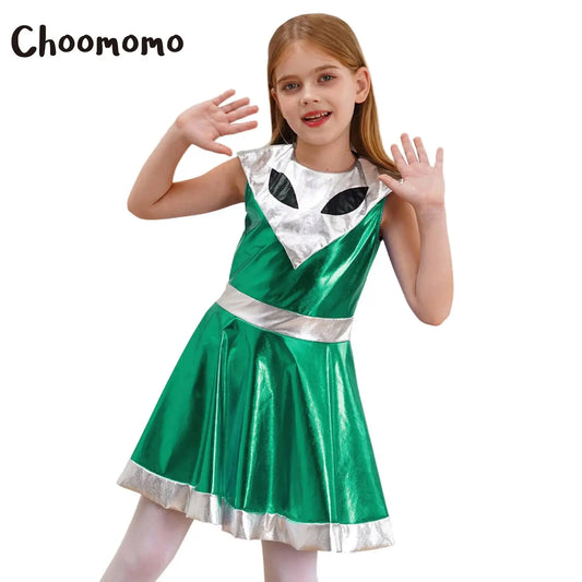 Kinder Mädchen Galaxy Outer Space Cutie Kostüm Halloween Alien Shiny Metallic A-Linie Kleider für Karneval Festivals Cosplay Party