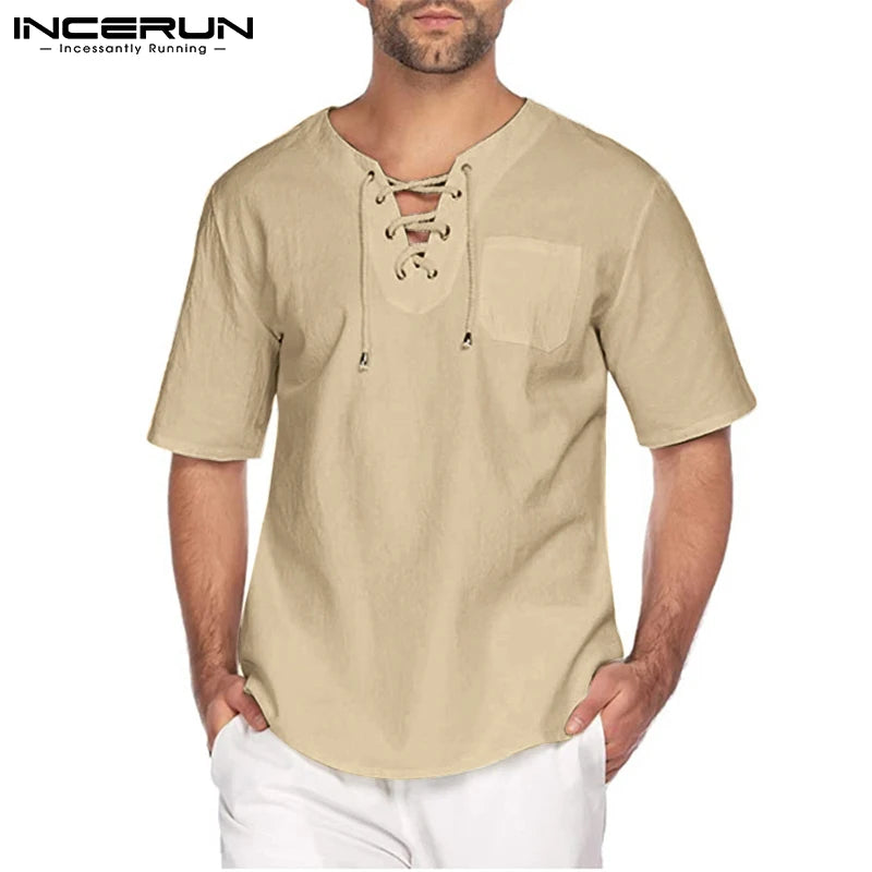 Men Shirt Cotton V Neck Short Sleeve Solid Color Lace Up Streetwear Casual Men Clothing 2024 Vintage Leisure Camisas 5XL INCERUN