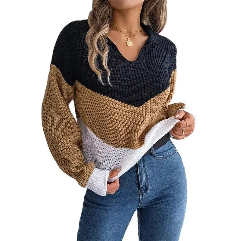 Herbst Winter Revers Pullover Frauen verdickt warm gestrickt Top weibliche dreifarbige Patchwork Laterne Langarm Pullover Streetwear