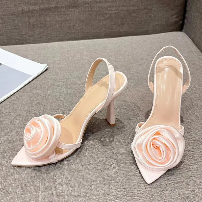 Liyke Mode-Design Grüne Seide Rose Blumen Frauen Hausschuhe Sandale Sexy Spitz Offene spitze Dünne High Heels Sommer Party Kleid Schuh