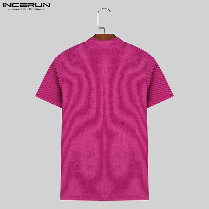 INCERUN Men's T Shirt Solid Color Knitted Turtleneck Short Sleeve Casual Men Clothing Streetwear 2024 Summer Fashion Camisetas