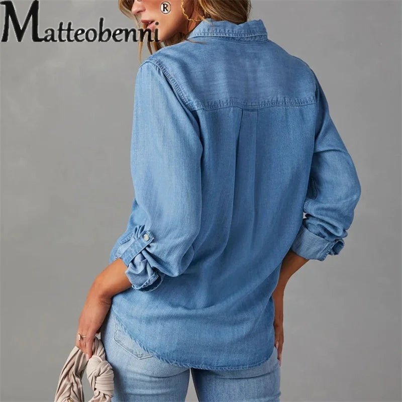 Herbst dünne Jeans hemd Damen einreihige Spleiß tasche Langarm Revers Tops Damen bequeme Pendler lässige Bluse