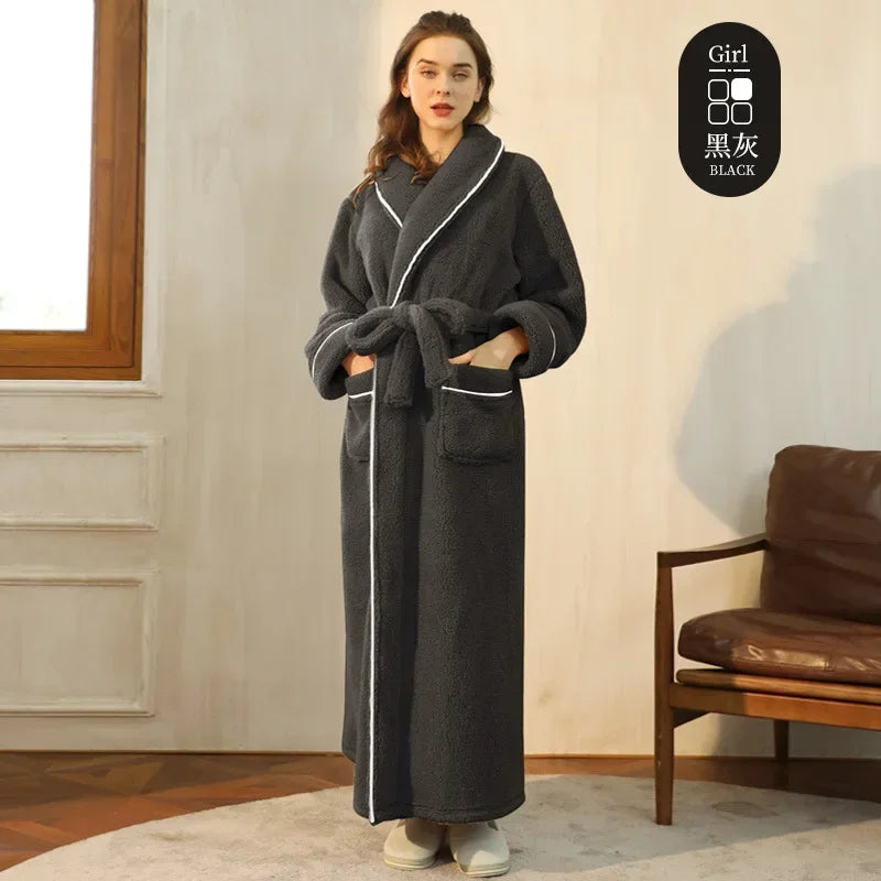 Doppelseitige Verdicken Flanell Herbst Winter Korallen Fleece Paar Lange Robe Hause Kleidung Lange Bademantel Nachtwäsche Lose Loungewear