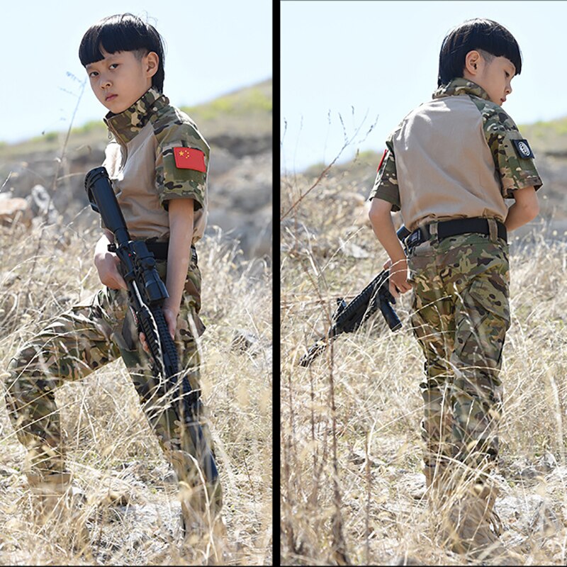 HAN WILD Children Military T-shirt and Pants with Pads Tactical Suits Combat Sets Boy Girl Camouflage Jungle Kids Summer Camp