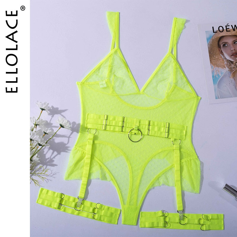 Ellolace Polka Dot Bodysuit Lingerie Sexy Transparent Tempt Sissy Body Lace See Through Erotic Costumes Fitness Porn Hot Tops