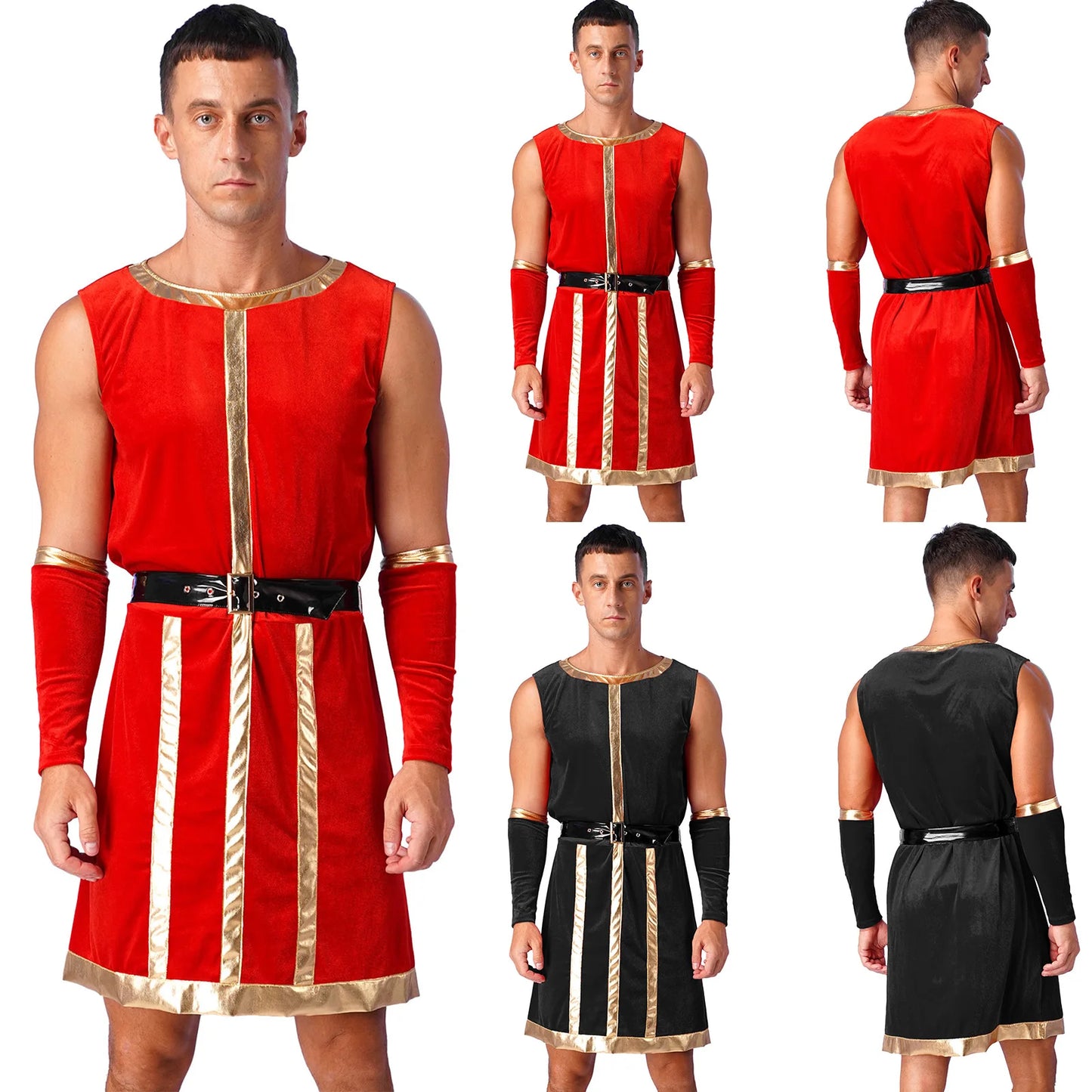 Mens Medieval Renaissance Royal Guard Costumes Sleeveless Stripes Robe + Belt + Wristbands Halloween 3-Piece Velvet Cosplay Suit