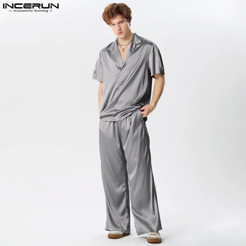 INCERUN Men Sets Solid Color Satin Lapel Short Sleeve Shirt & Pants Two Pieces Sets Streetwear 2024 Fashion Men's Casual Suits