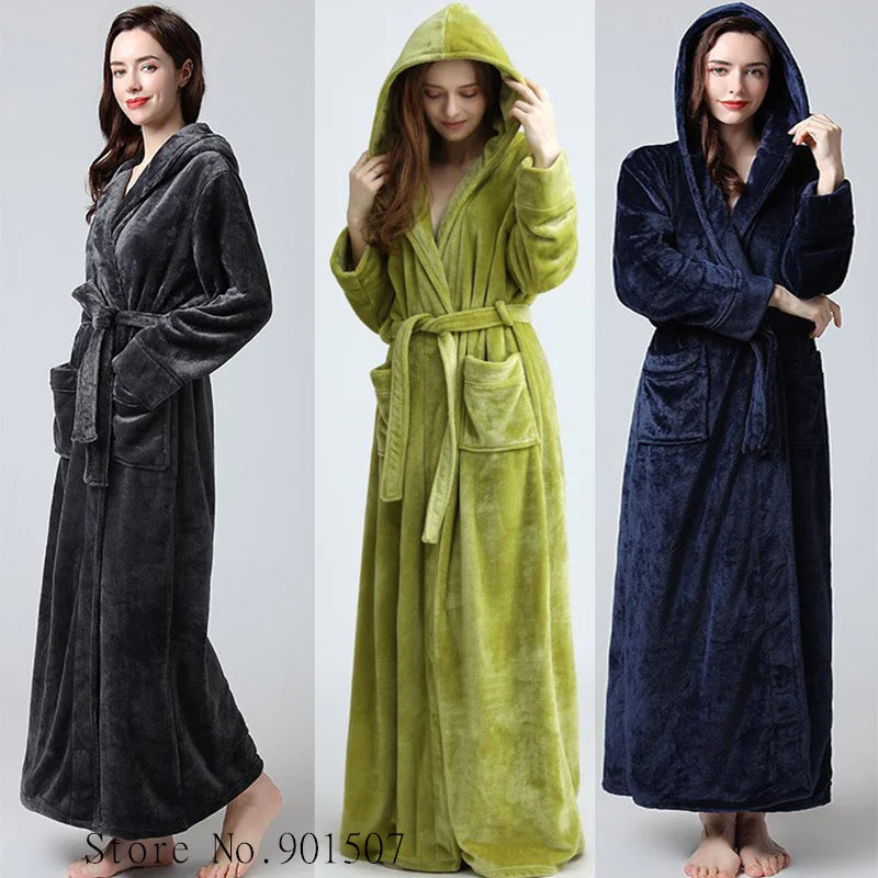 Extra lange Winter Korallen Fleece Bademantel Frauen Kapuze warme Kimono Bademantel gemütliche Kimono Dusch roben lose Peignoirs Nachthemd