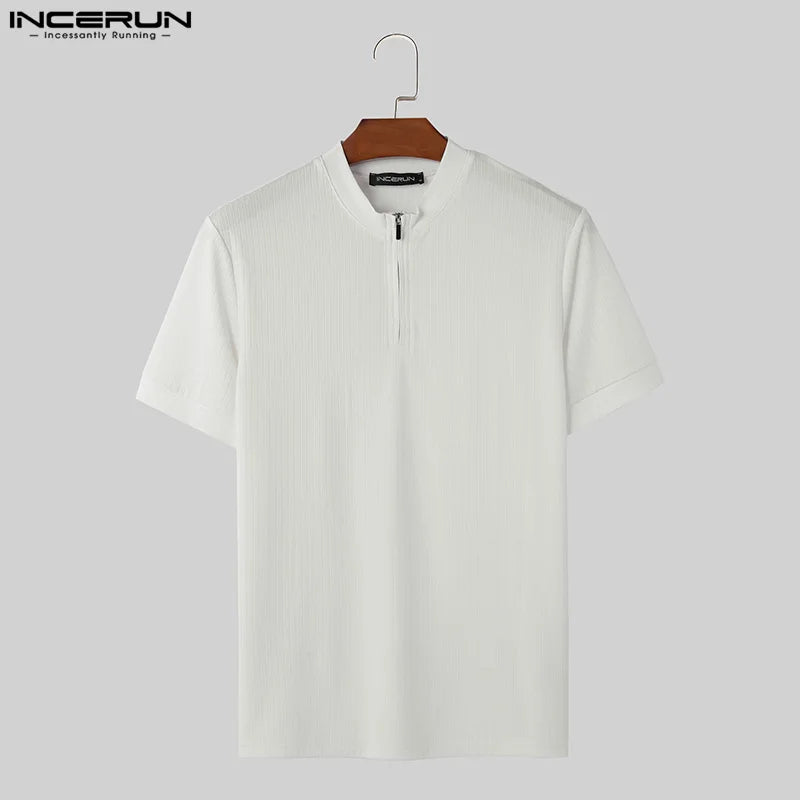 INCERUN Männer T Shirt Einfarbig Zipper Oansatz Kurzarm Casual Männer Kleidung Streetwear 2024 Koreanischen Stil Männliche T Tops S-5XL