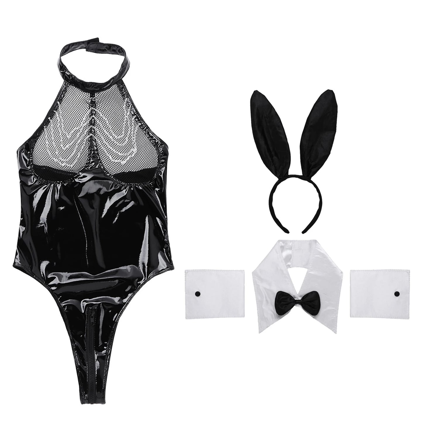 Sexy Bunny Girl Cosplay Costumes Women Patent Leather Halter Bodysuit Rabbit Ears Kawaii Couple Roleplay Rabbit Uniform