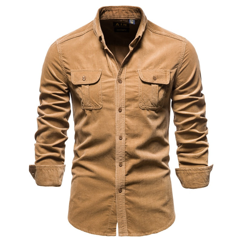 New Men&#39;s Shirt Fashion Corduroy Shirts Men Business Casual Single Breasted Cotton Men Shirts Solid Color Slim Fit Full Top