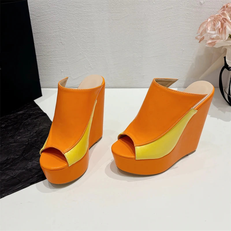 Liyke 2024 neue orange Leder Frauen Plattform Keile Hausschuhe sexy Peep Toe Super High Heels Sandalen Sommer Party Kleid Schuhe