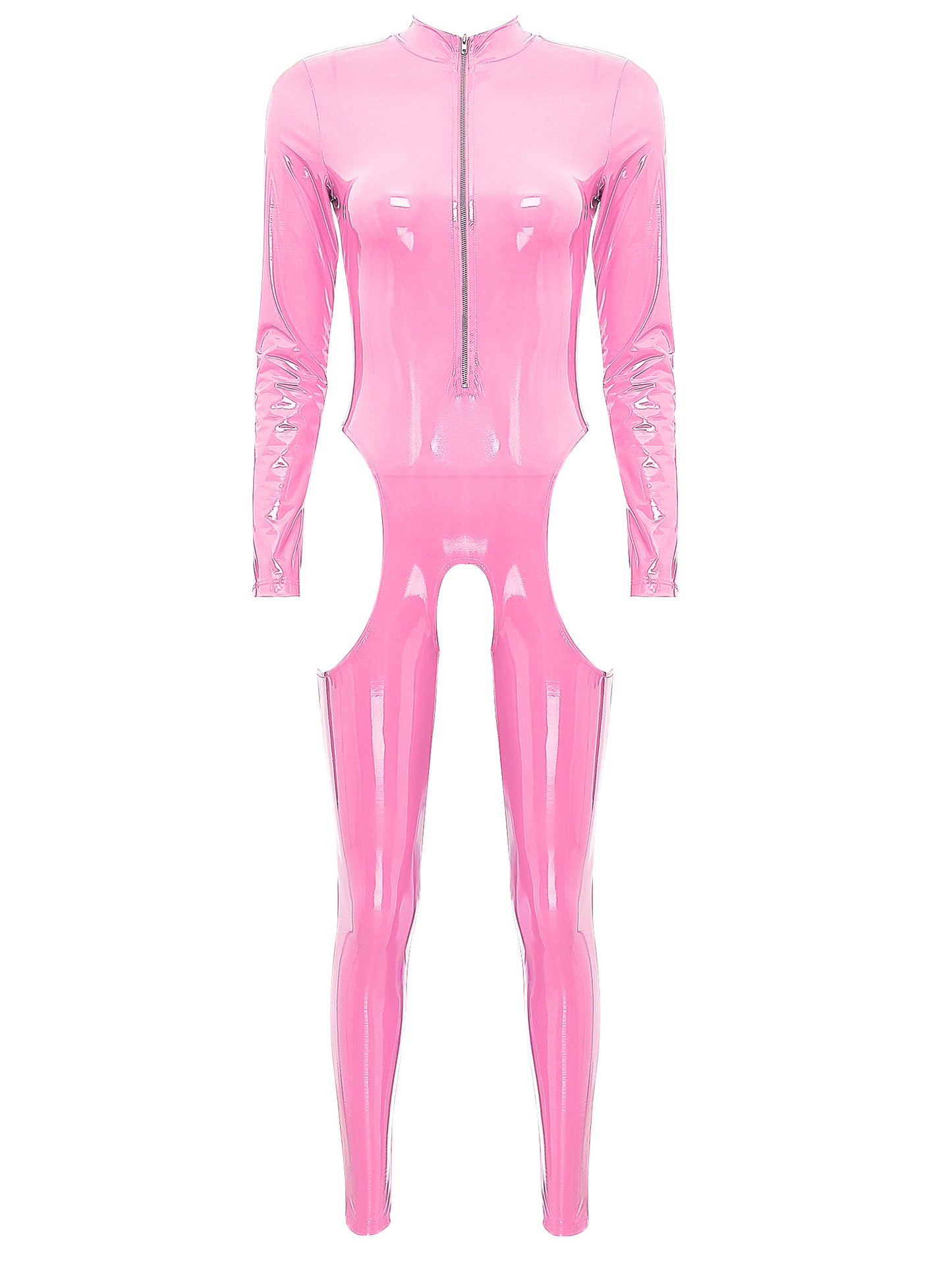 Damen Wet Look Lack leder Ausschnitt Schritt loser Overall Langarm Aushöhlen Skinny Bodysuit Catsuit Latex Clubwear