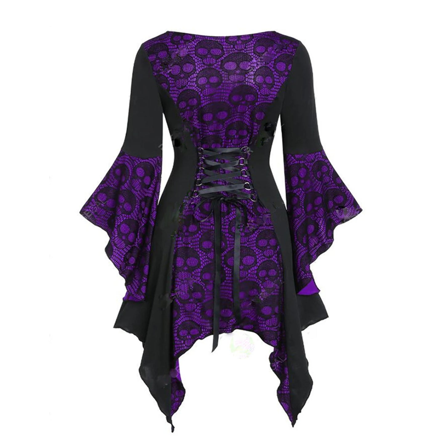Womens Vintage Dresses Gothic Skull Lace Print Halloween Cosplay Party Dress Long Sleeve Bandage Medieval Renaissance Costumes