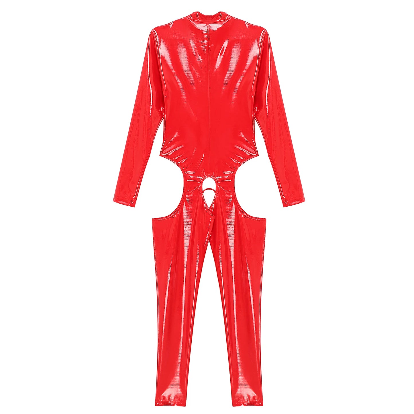 Damen Wet Look Lack leder Ausschnitt Schritt loser Overall Langarm Aushöhlen Skinny Bodysuit Catsuit Latex Clubwear