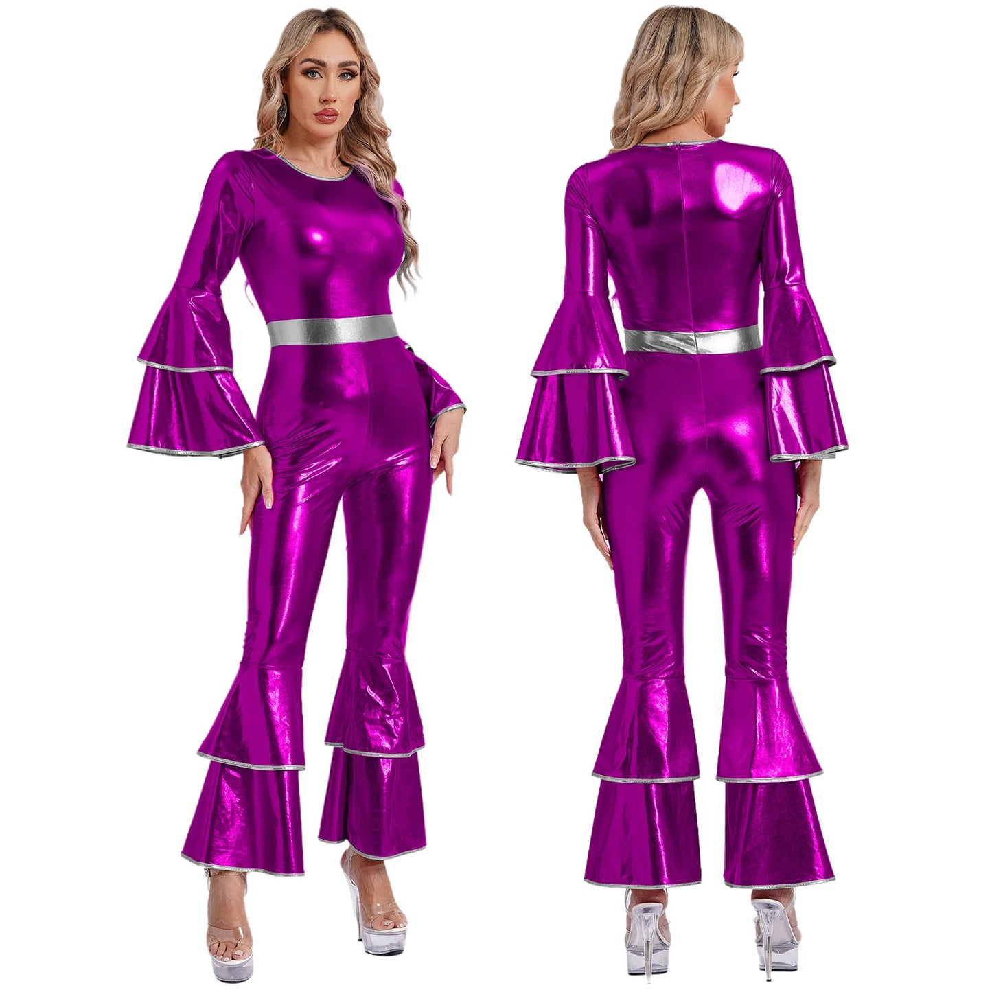 Damen Disco Kostüme sexy glänzend metallisch Retro Tanz Overall 70er 80er Jahre Hippie-Thema Party Halloween Cosplay Kostüm