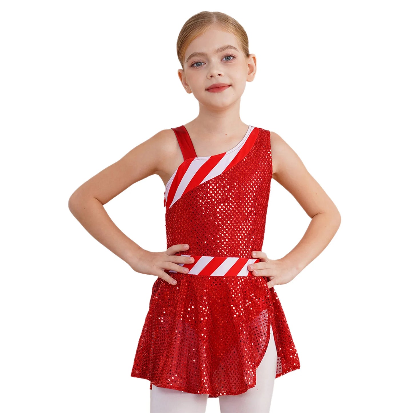 Kids Girls Shiny Sequins Christmas Dance Dresses Xmas Santa Claus Candy Cane Costume Figure Ice Skating Performance Dress