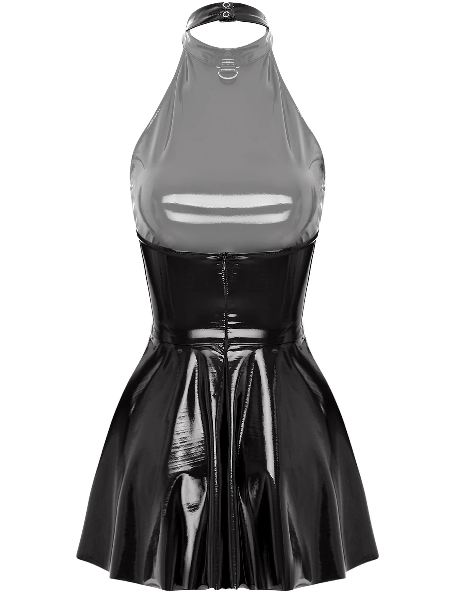 Damen Wet Look Lack leder Halfter rücken frei Skater Mini A-Linie Kleid Vinyl Latex glänzend Cocktail Party Club Kleider Clubwear