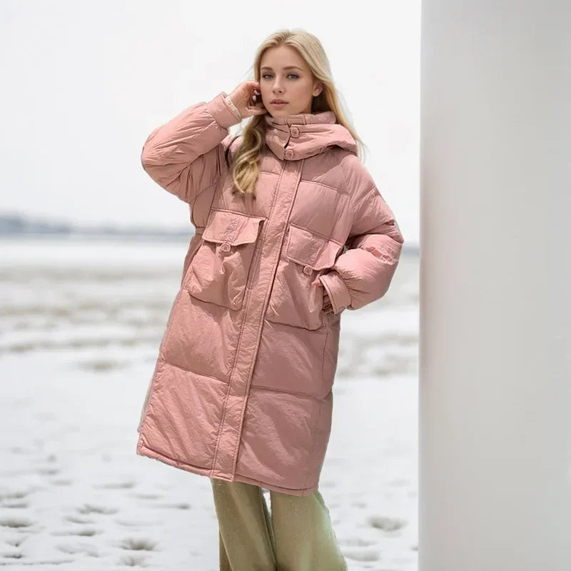 2024 Winter Daunen Baumwolle gepolsterte mittellange Kapuzen jacke koreanischen weiblichen Stil locker sitzen verdickte Parkas für alle Jahreszeiten Mantel