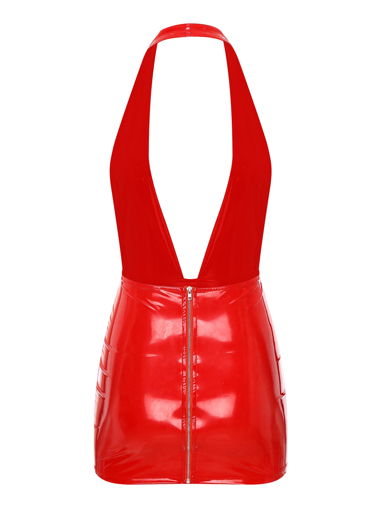 Damen Wet Look Kunstleder sexy Deep V-Ausschnitt Club Kleid Neck holder Hals rücken frei Reiß verschluss Mini kleider Bodycon Latex Clubwear