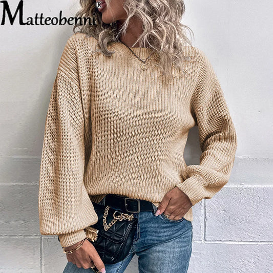 Herbst Winter frauen Gestrickte Pullover Elegante Einfarbig O Hals Pullover Laterne Ärmel Dicke Warme Jumper Weibliche Casual Tops