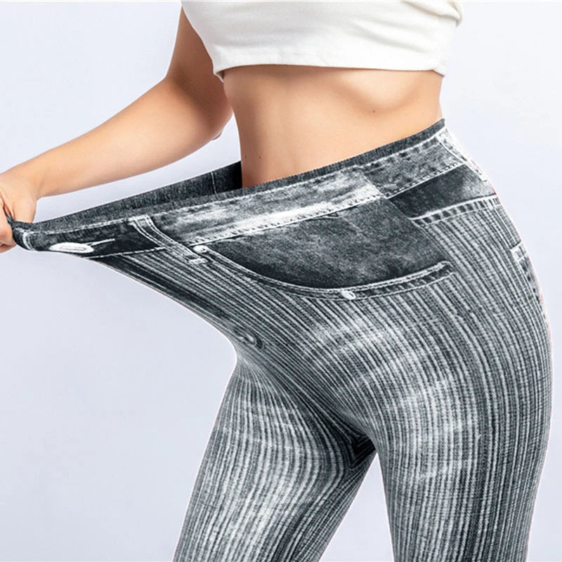 CUHAKCI Women High Waist Grey Fake Pocket Print Pencil Pants Workout Yoga Faux Denim Leggings Stretch Slim Fit Blue Jeggings