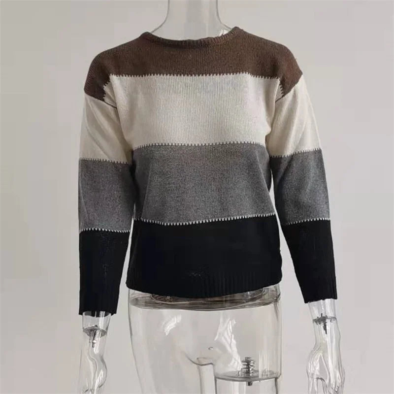 Herbst Winter Warme Farbe Blockieren Pullover Frauen Neue Laterne Langarm Strickwaren O Neck Jumper Weibliche Beiläufige Lose Gestrickte Tops