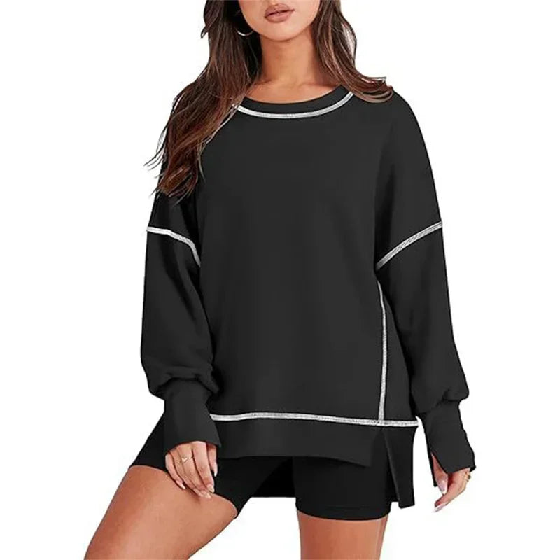 Mode Nähen Streifen Farbe Blockieren Sweatshirt Frauen Casual Laterne Langarm Hoodie Herbst Winter O Neck Pullover Weibliche Top