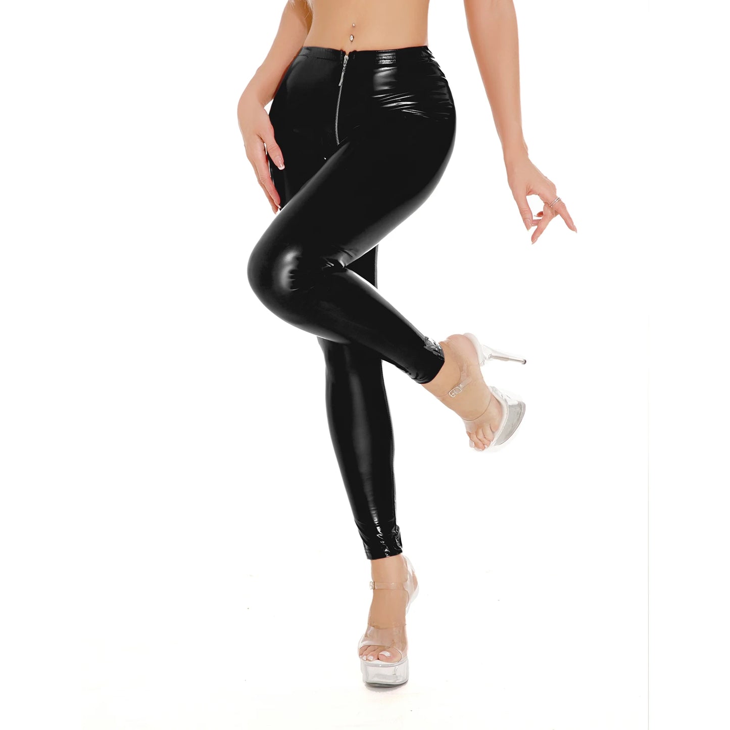 Schwarze pu Lederhose Frauen hohe Taille dünne Push-up-Leggings elastische Stretch Pantalon Mujer Reiß verschluss offene Schritt hose