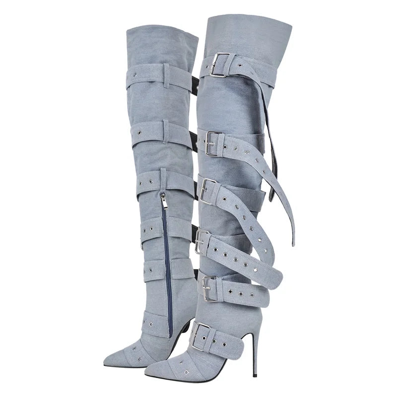 Only maker Frauen Schnalle Riemen über dem Knie Stiefel dünne High Heel Lady Reiß verschluss weibliche Oberschenkel hohe spitze Zehen Stiletto Stiefel