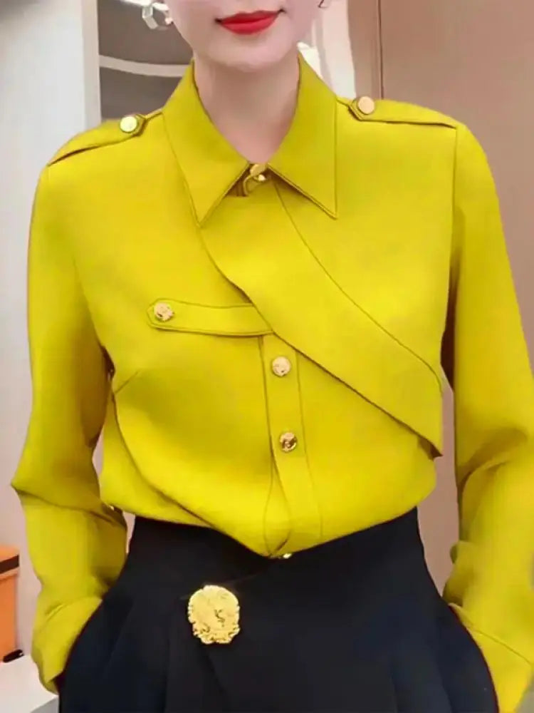 Yeezzi 2024 Neue Weibliche Mode Asymmetrische Geknöpft Revers Blusen Frühling Sommer Lange Ärmel Städtischen Casual Büro Tops Für Frauen