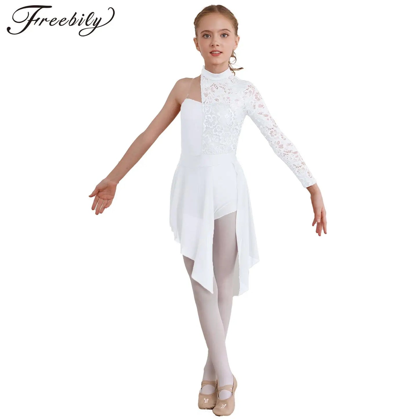 Kids Girls One Shoulder Lyrical Dance Dress Lace Bodice Asymmetrical Hem Ballet Skating Leotard Dresses Ballerina Dancewear