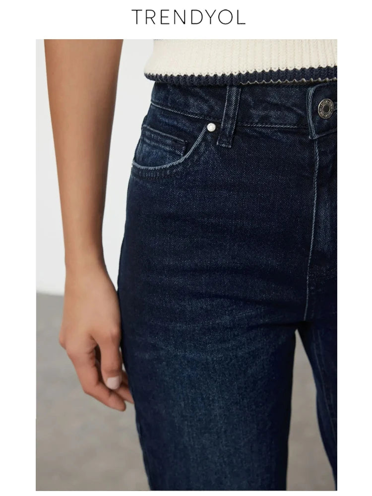 Trendyol TYZA Damen-Jeans, einfarbig, ohne Gürtel, Denim, ohne Taschen, gerades Bein, lässige Jeans, Freizeithose, Denim-Shorts