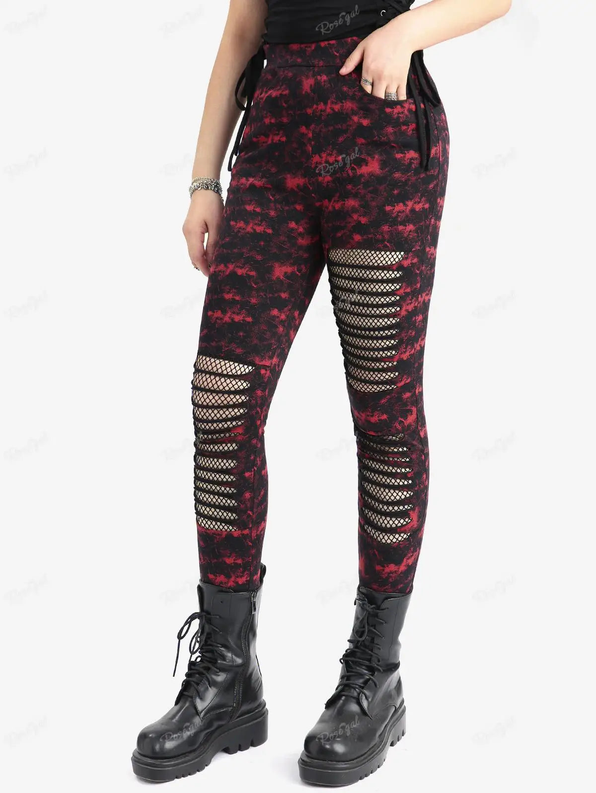 Rosegal Damen dünne Leggings mit Taschen Gothic zerrissene Mesh Panel Tie Dye Splatter Print Bleistift hose Casual Bottoms 3xl