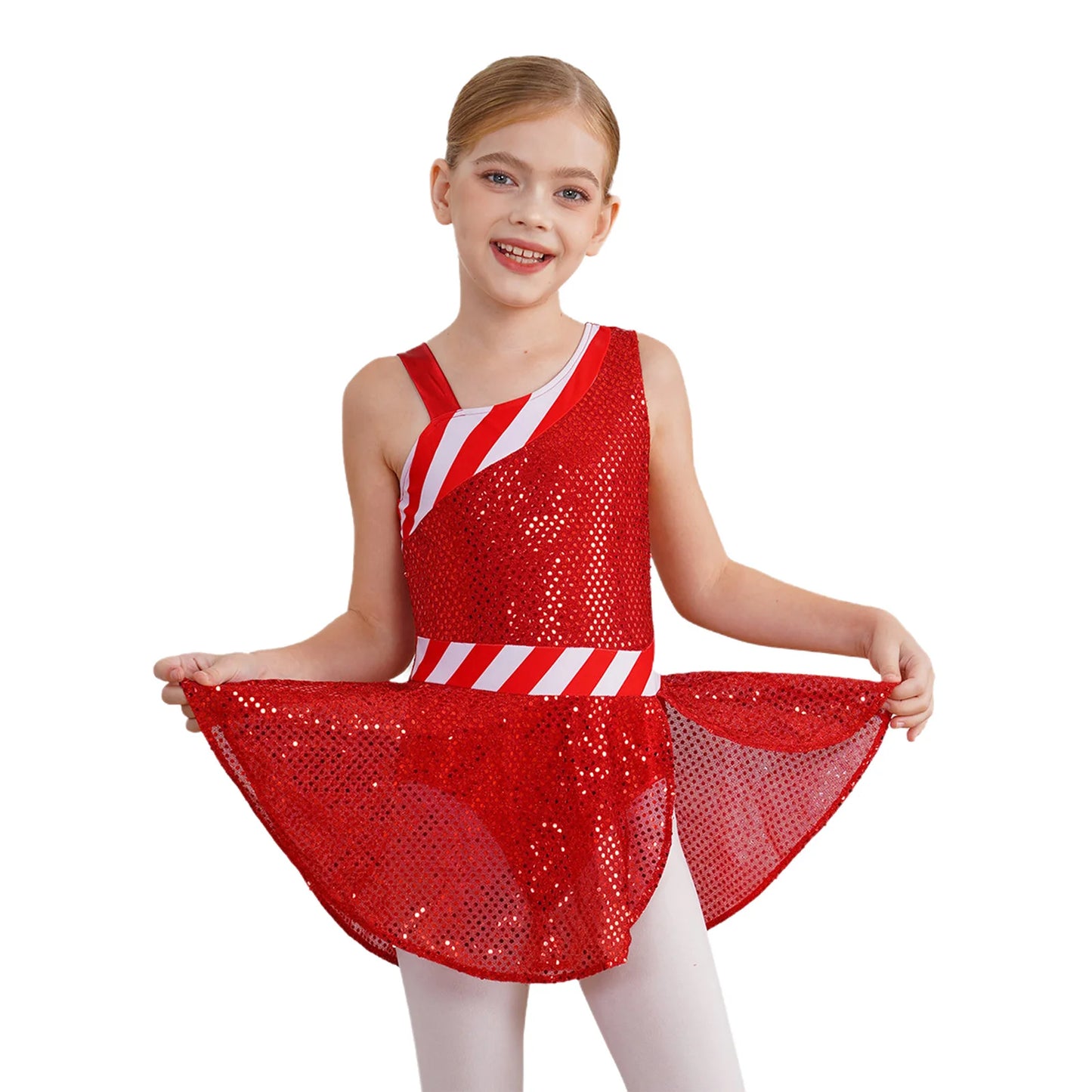 Kids Girls Shiny Sequins Christmas Dance Dresses Xmas Santa Claus Candy Cane Costume Figure Ice Skating Performance Dress