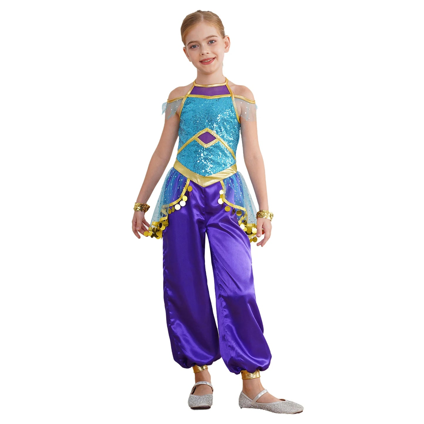 KIds Girls Arabian Princess Costume Indian Bollywood Belly Dance Jumpsuit Halloween Party Fairy Tale Pretend Play Fancy Dress